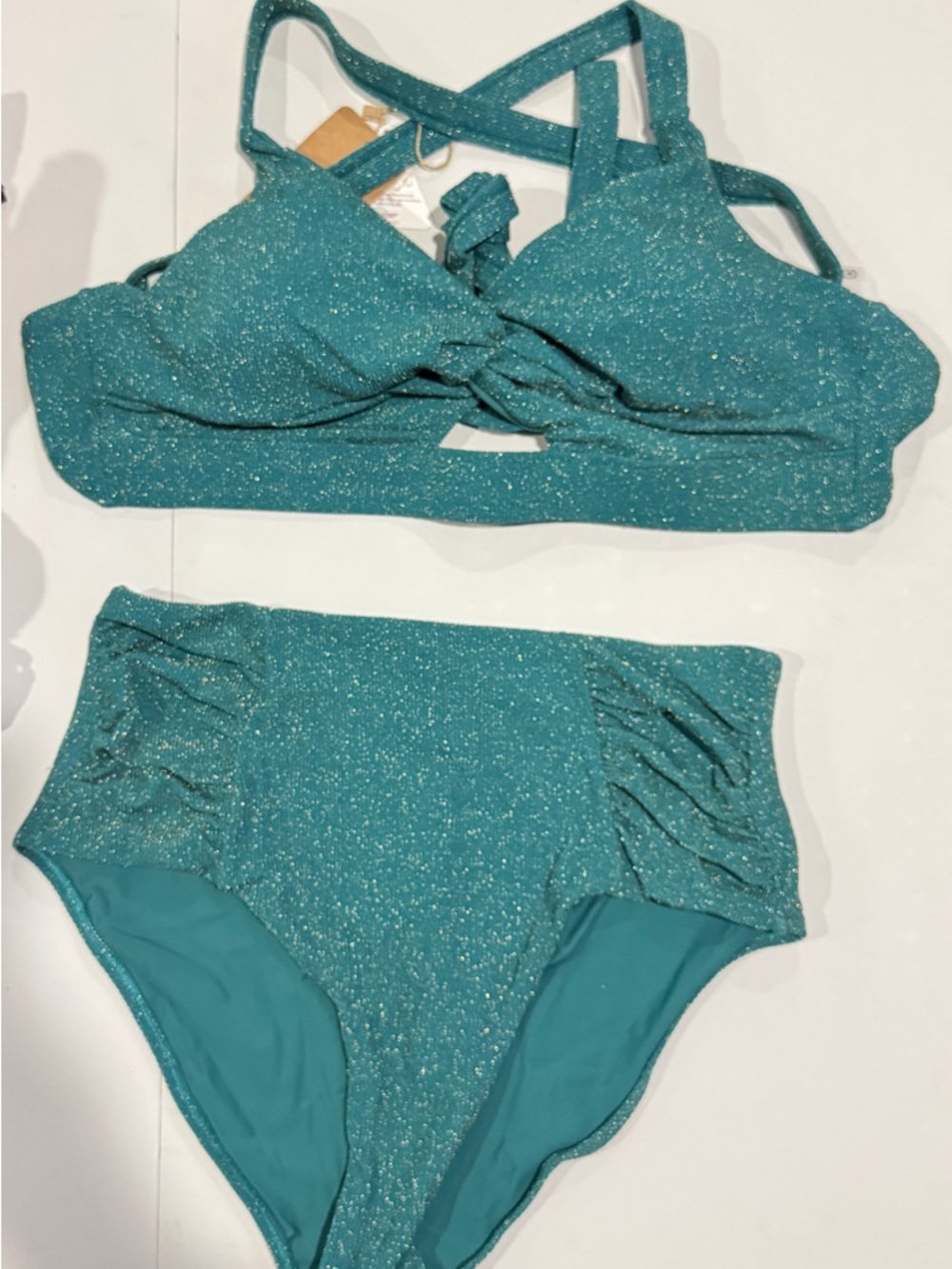 Teal Glitter High-Waist Bikini Set